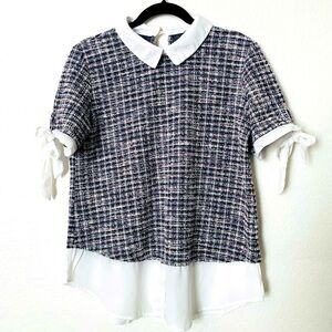 Misia woman’s faux 2 in one tweed blouse top M petter pan collar preppy feminine